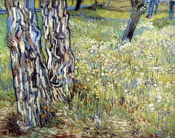 Vincent Van Gogh : Field of Grass with Dandelions and Tree Trunks